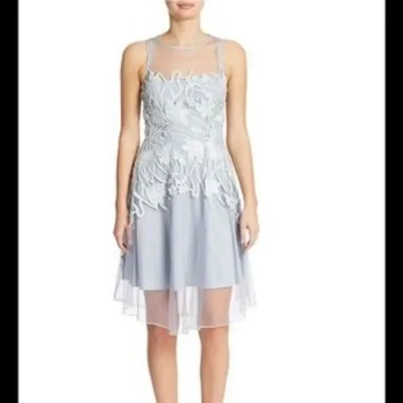 Eva Franco Mesh Overlay Floral Sleeveless Dress Pale Blue - Picture 1 of 4
